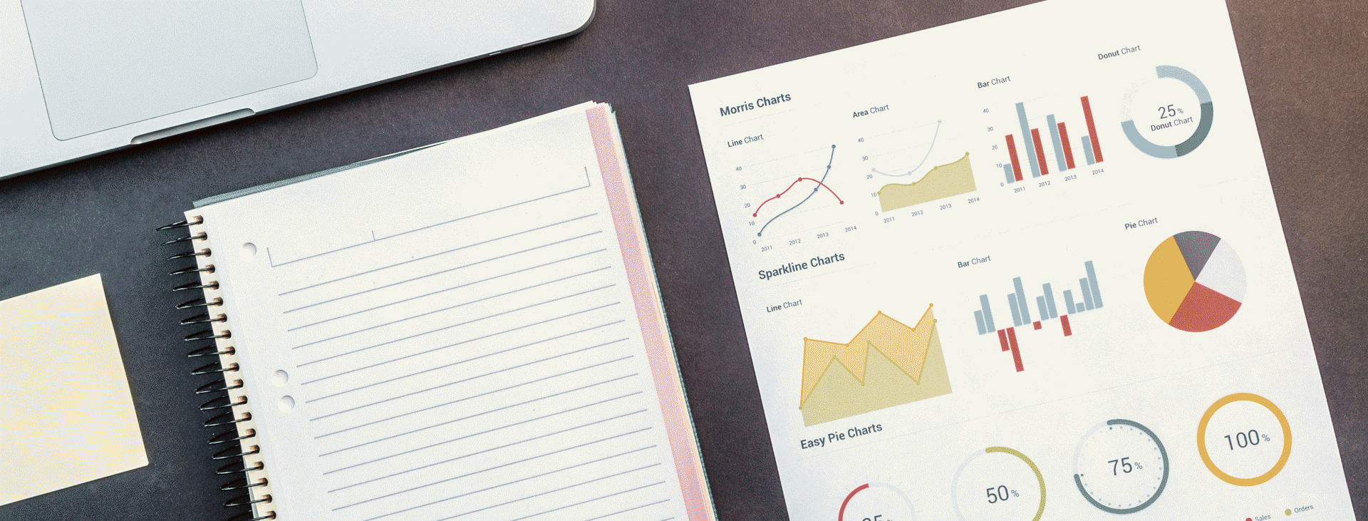 Laptop, lined paper and business chart