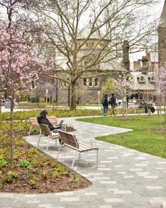 A student sitting on a bench, using their laptop and a couple of students walking along the path outside of University College.