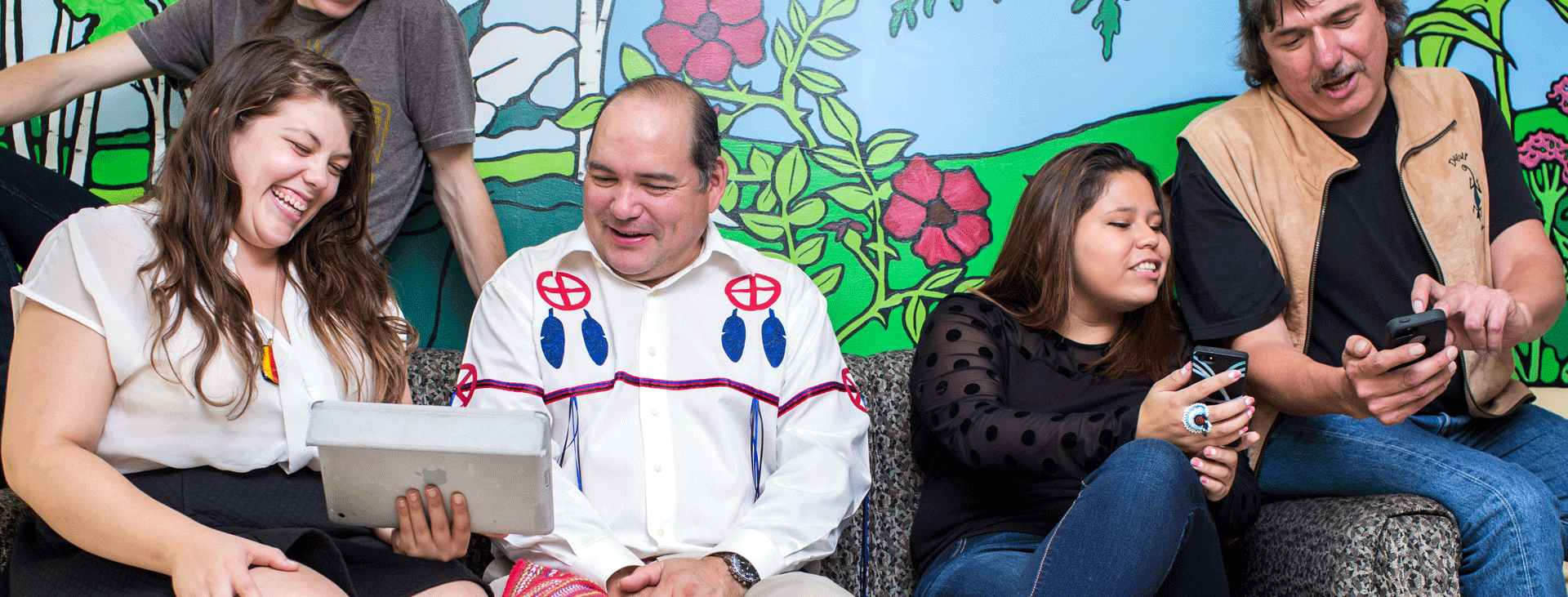 Five indigenous students hanging out at First Nations House